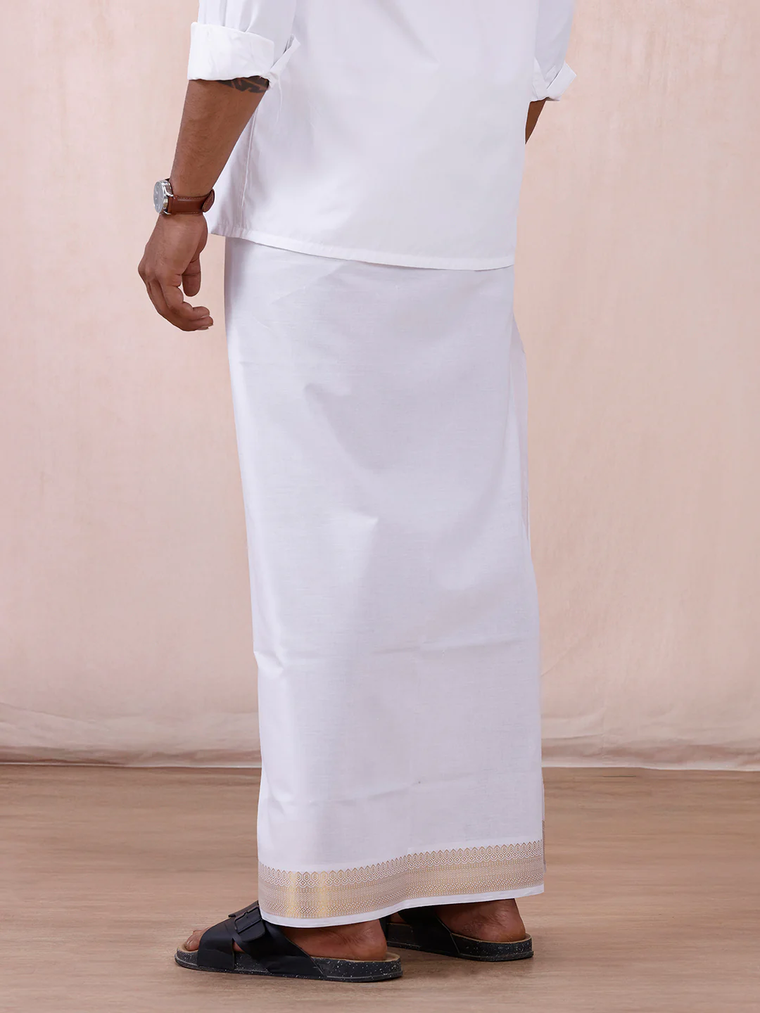 Men 100% Cotton Single Layer White Dhoti with Gold Jari Border Aura 315 - Image 5