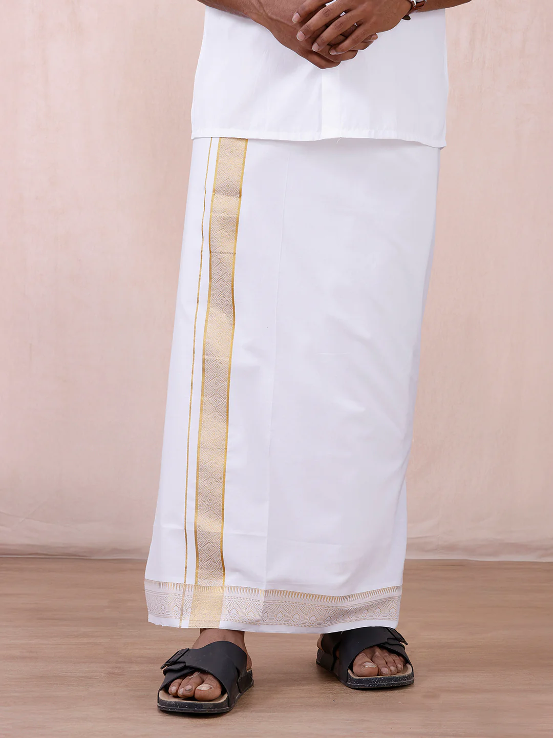 Men 100% Cotton Single Layer White Dhoti with Gold Jari Border Aura 351 - Image 3