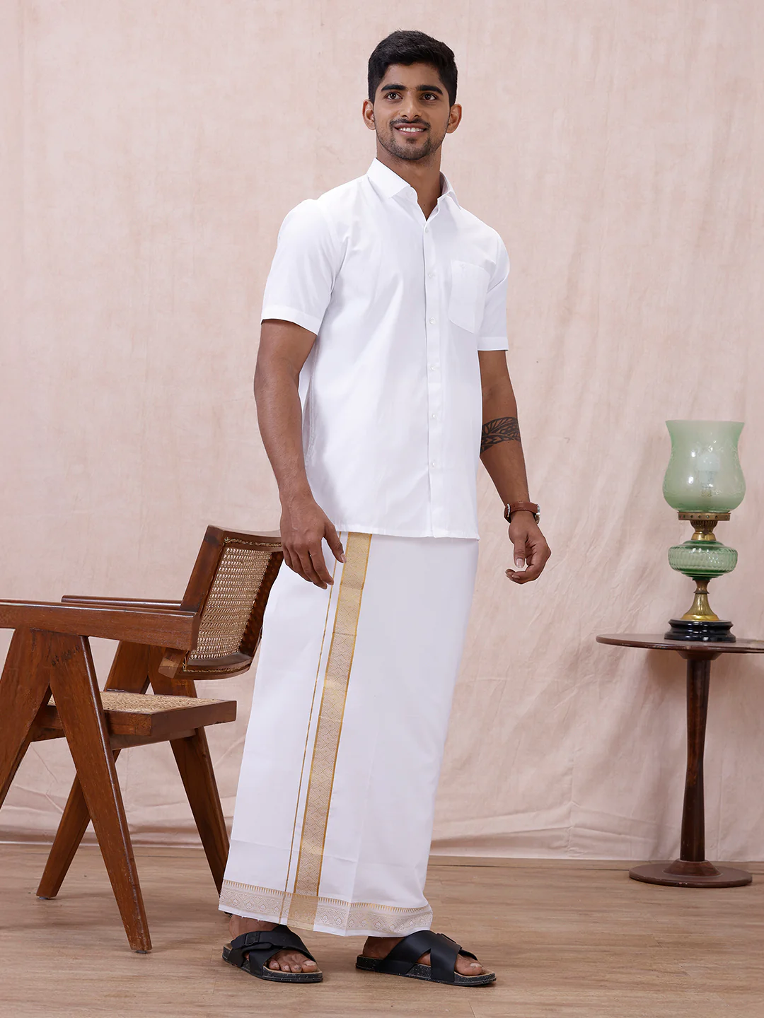 Men 100% Cotton Single Layer White Dhoti with Gold Jari Border Aura 351 - Image 4