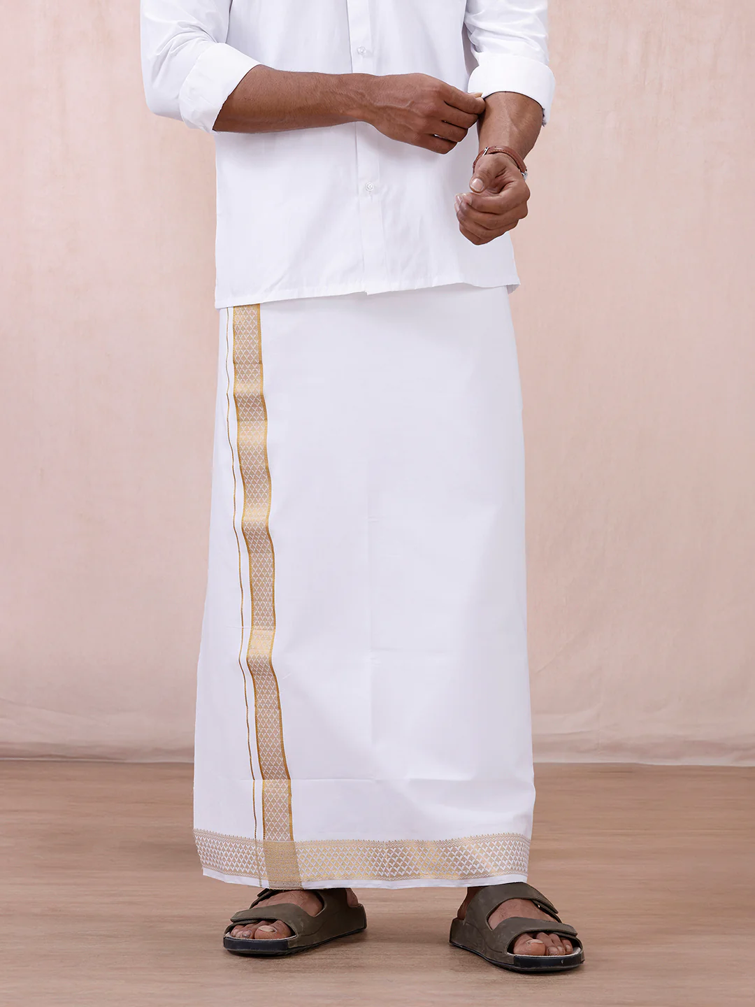 Men 100% Cotton Single Layer White Dhoti with Gold Jari Border Aura 363 - Image 3
