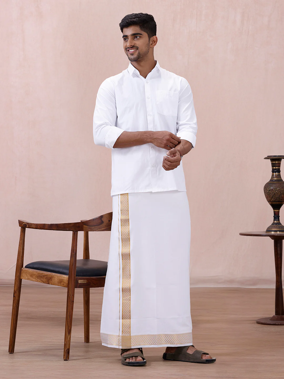 Men 100% Cotton Single Layer White Dhoti with Gold Jari Border Aura 363 - Image 4