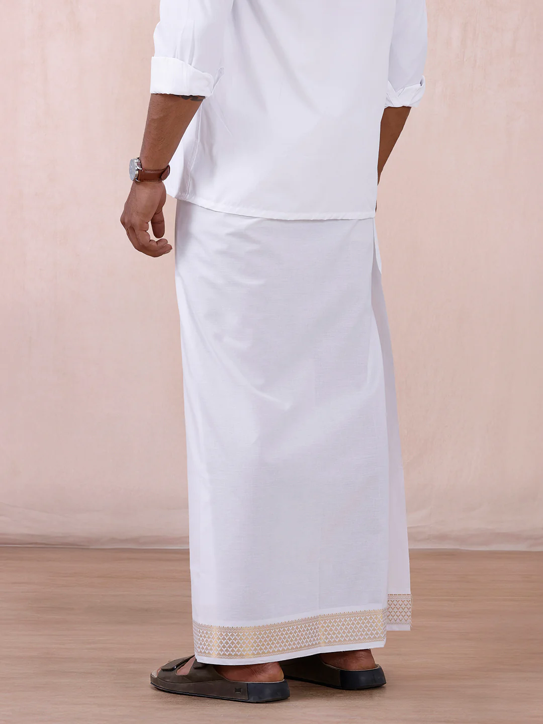 Men 100% Cotton Single Layer White Dhoti with Gold Jari Border Aura 363 - Image 5