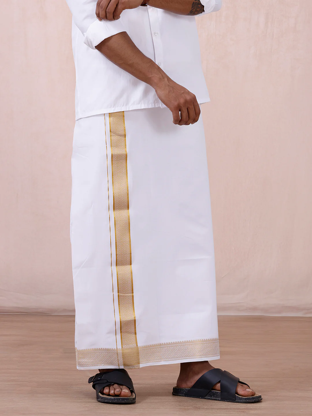 Men 100% Cotton Single Layer White Dhoti with Gold Jari Border Aura 365