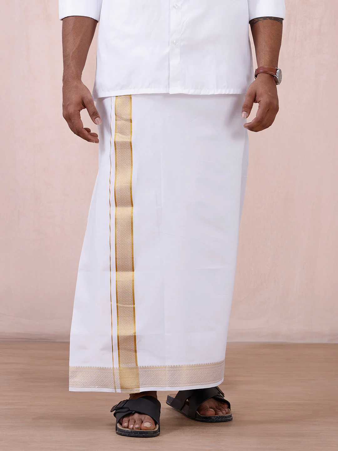Men 100% Cotton Single Layer White Dhoti with Gold Jari Border Aura 365 - Image 3