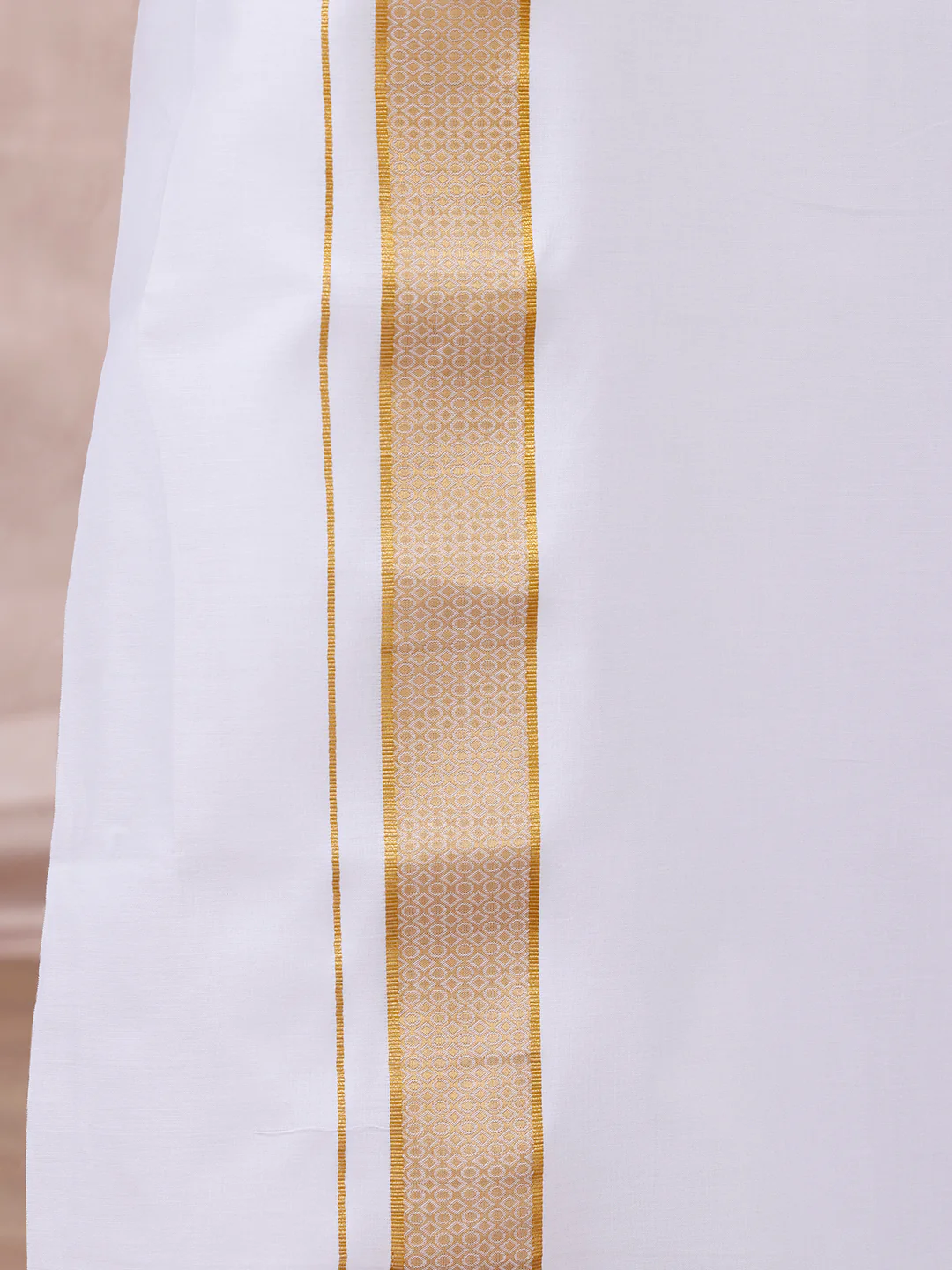 Men 100% Cotton Single Layer White Dhoti with Gold Jari Border Aura 366 - Image 2