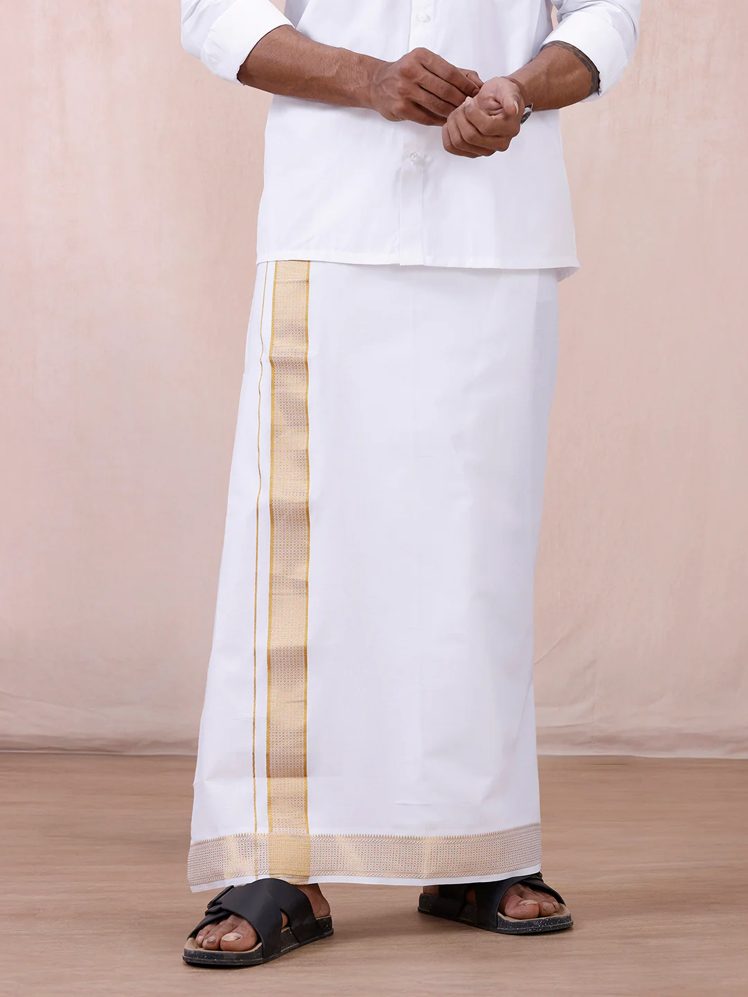 Men 100% Cotton Single Layer White Dhoti with Gold Jari Border Aura 366 - Image 3
