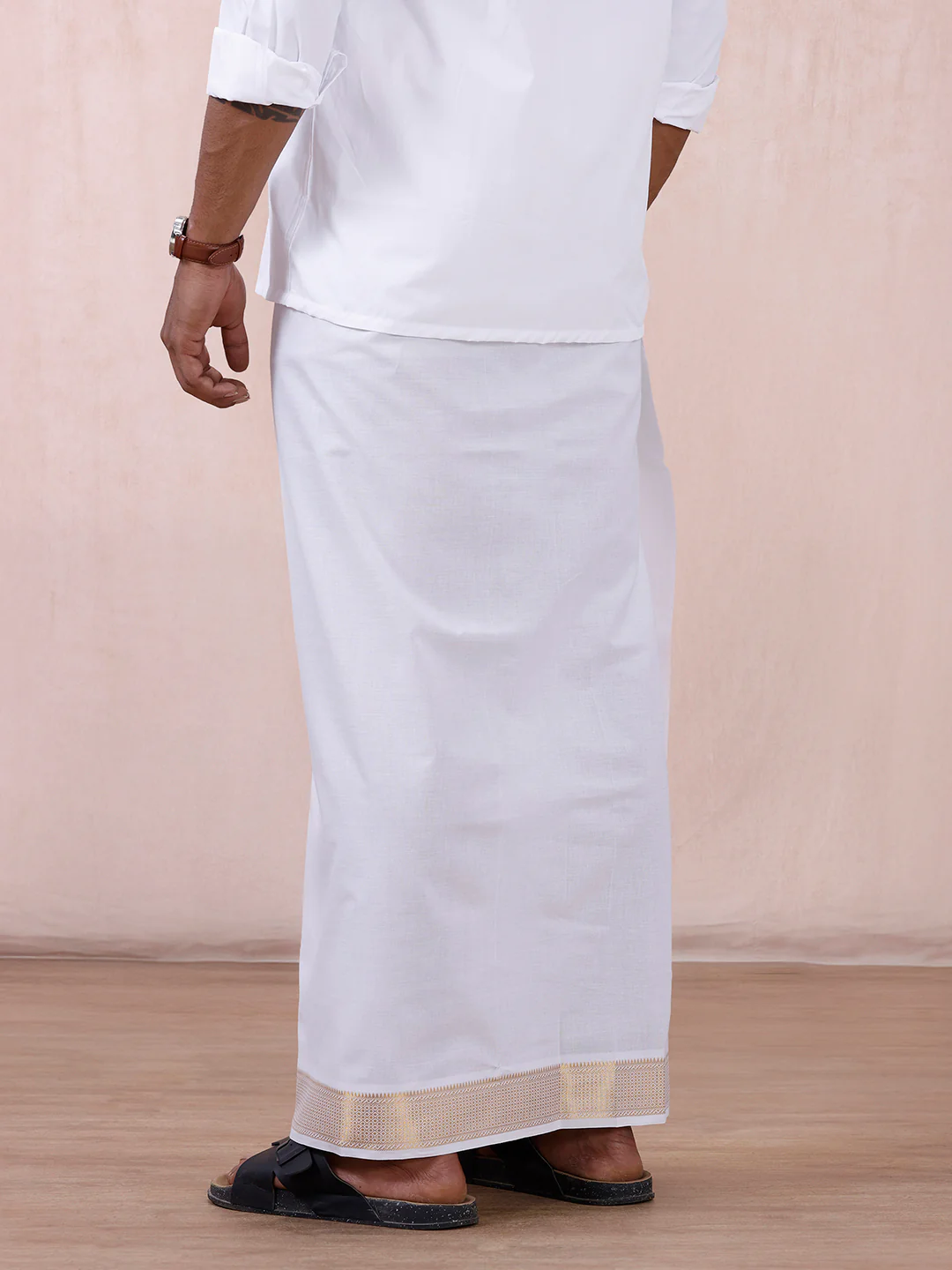 Men 100% Cotton Single Layer White Dhoti with Gold Jari Border Aura 366 - Image 5