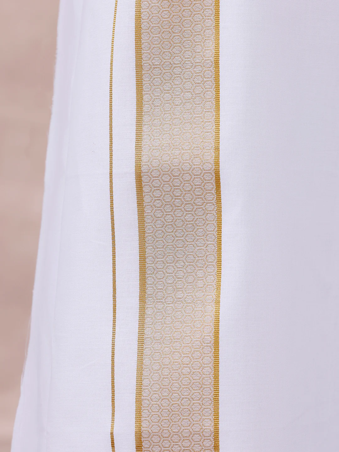 Men 100% Cotton Single Layer White Dhoti with Gold Jari Border Aura 367 - Image 2