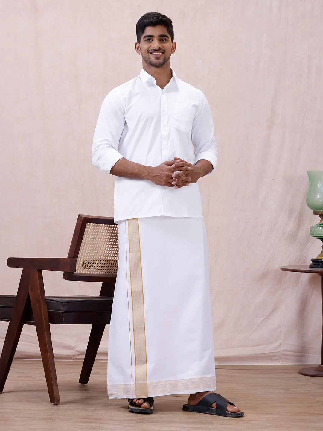 Men 100% Cotton Single Layer White Dhoti with Gold Jari Border Aura 367 - Image 4