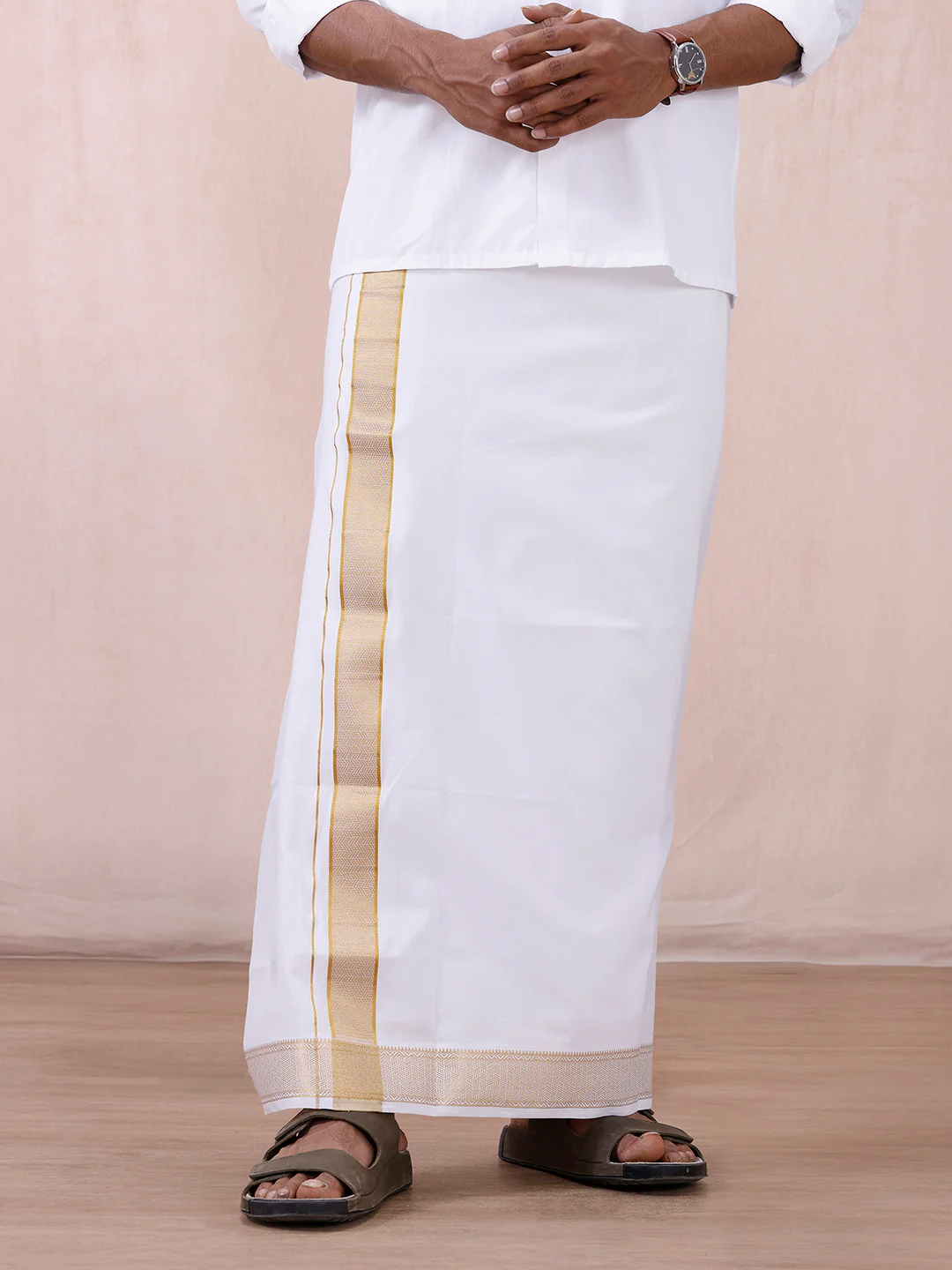 Men 100% Cotton Single Layer White Dhoti with Gold Jari Border Aura 368 - Image 3
