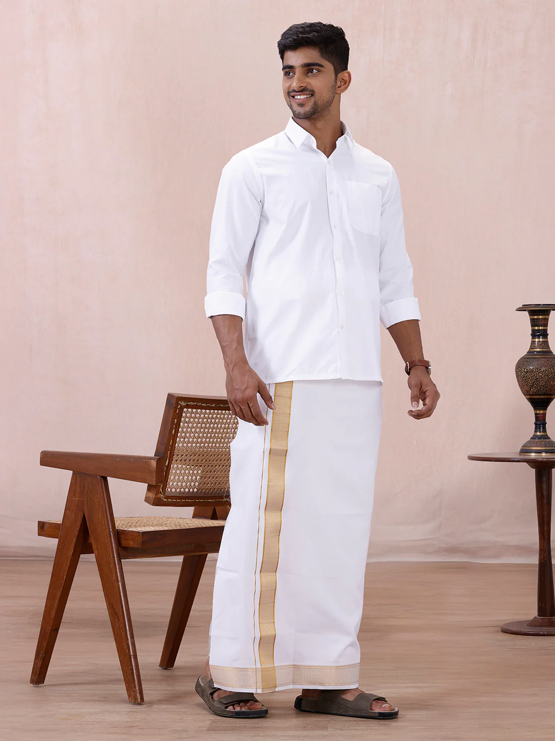 Men 100% Cotton Single Layer White Dhoti with Gold Jari Border Aura 368 - Image 4