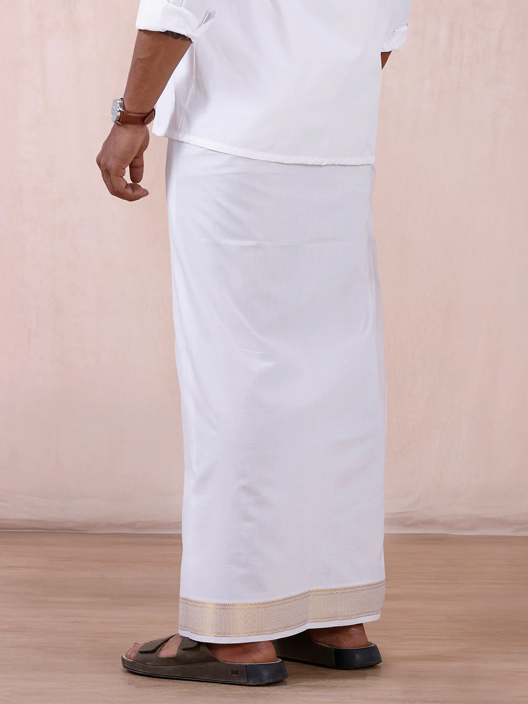 Men 100% Cotton Single Layer White Dhoti with Gold Jari Border Aura 368 - Image 5
