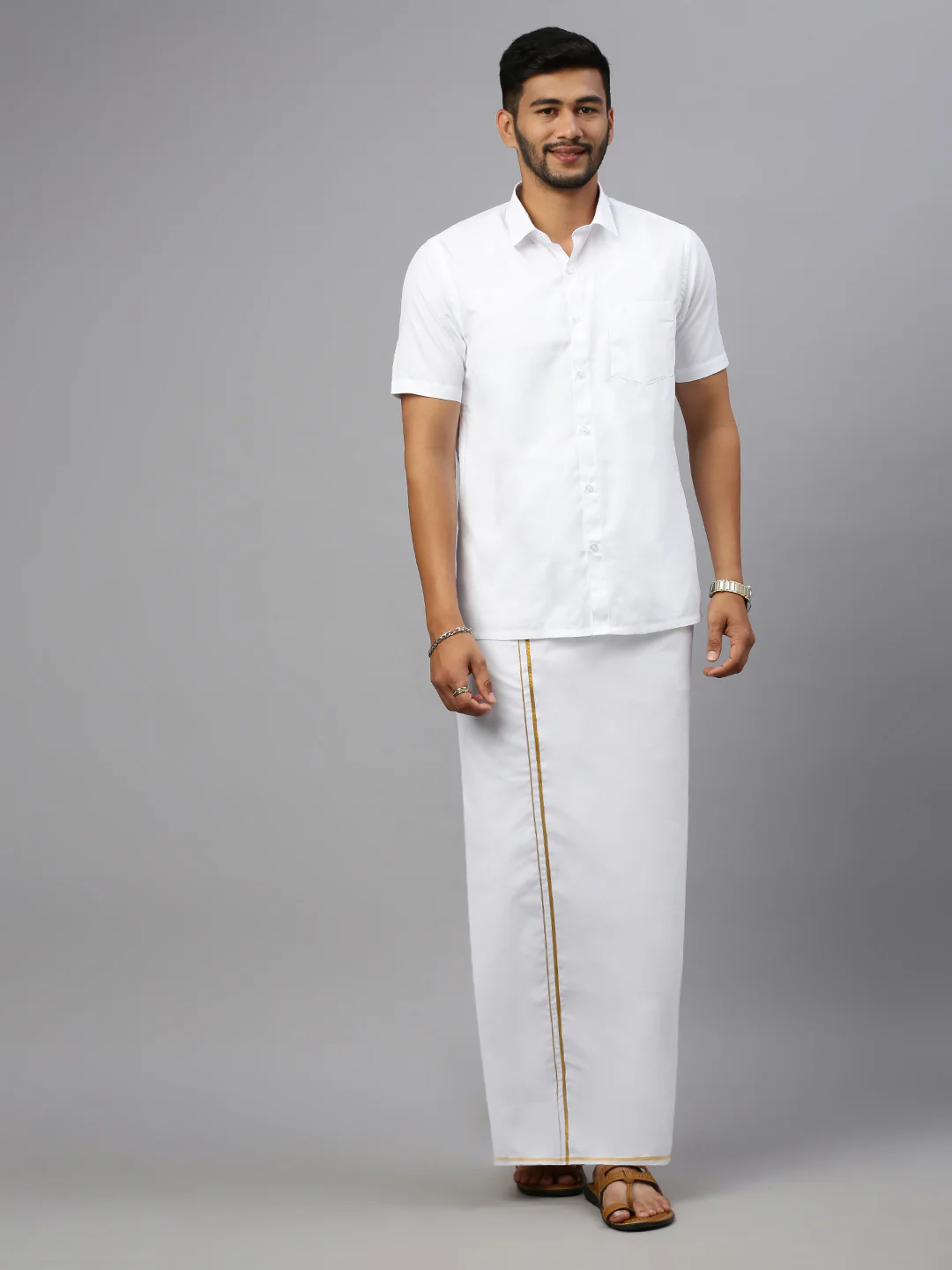 Men 100% Cotton Single Layer White Dhoti with Gold Jari Border Riktha - Image 2