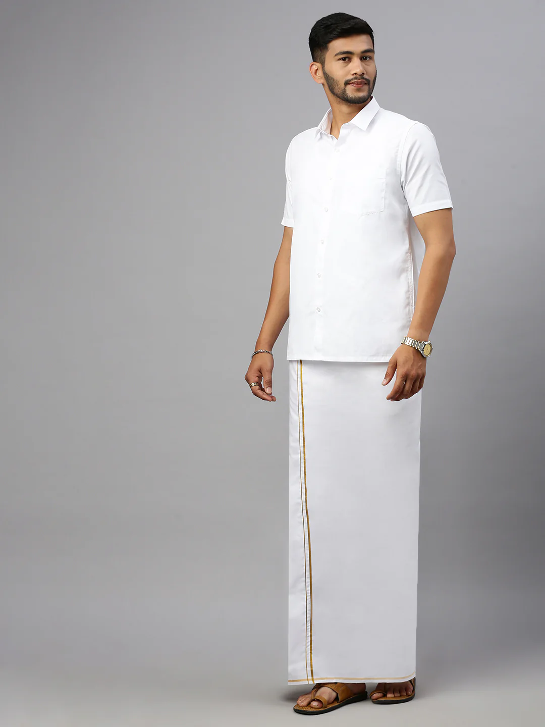 Men 100% Cotton Single Layer White Dhoti with Gold Jari Border Riktha - Image 3