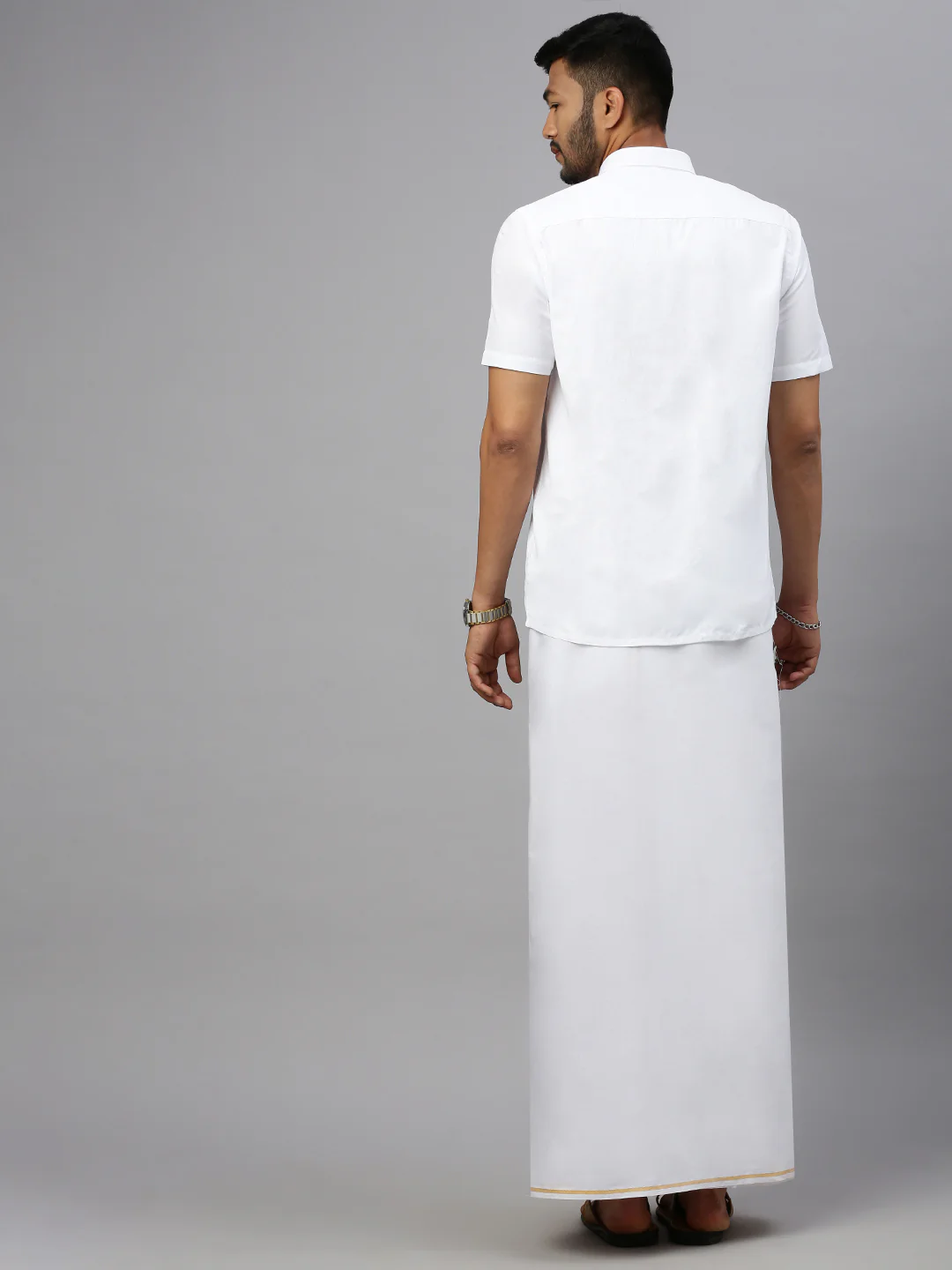 Men 100% Cotton Single Layer White Dhoti with Gold Jari Border Riktha - Image 4