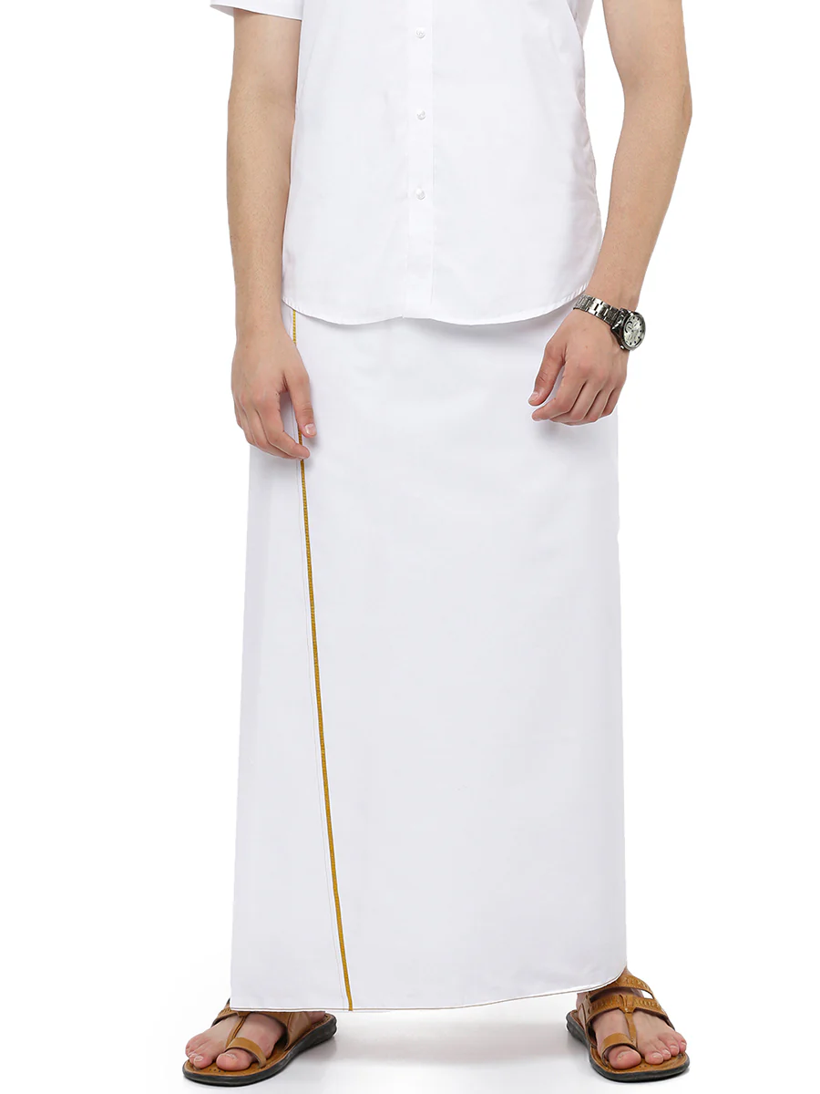 Men 100% Cotton Single Layer White Dhoti with Gold Jari Border Smart Nice