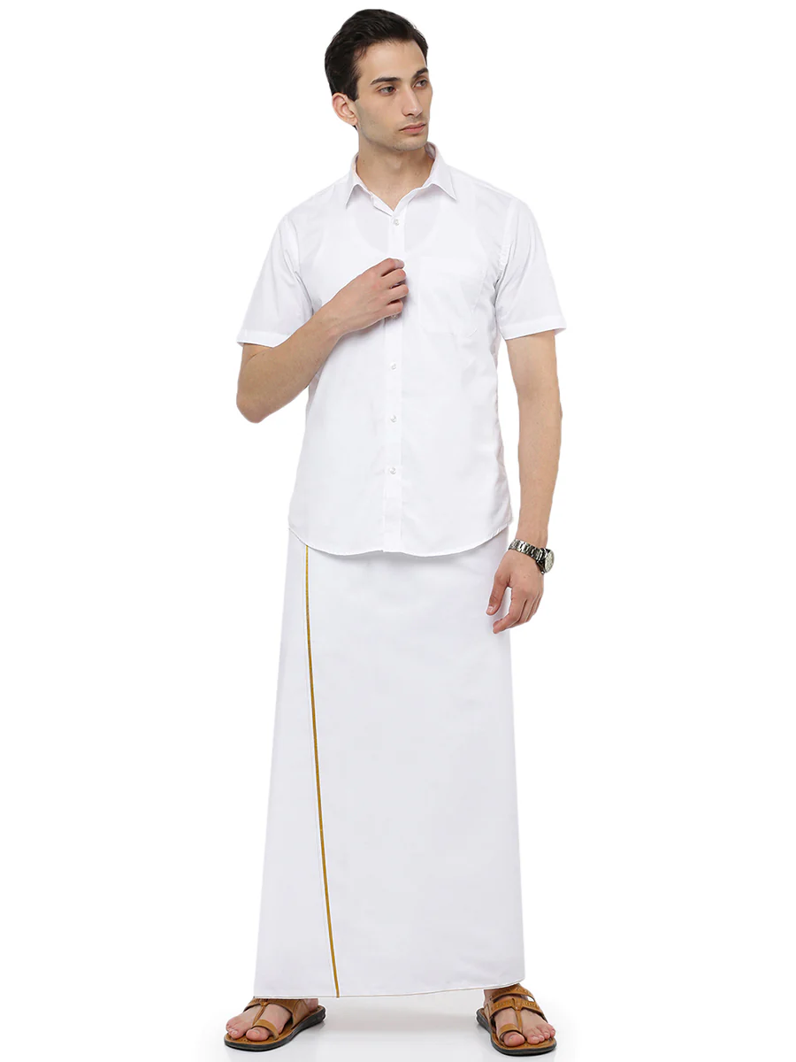 Men 100% Cotton Single Layer White Dhoti with Gold Jari Border Smart Nice - Image 2