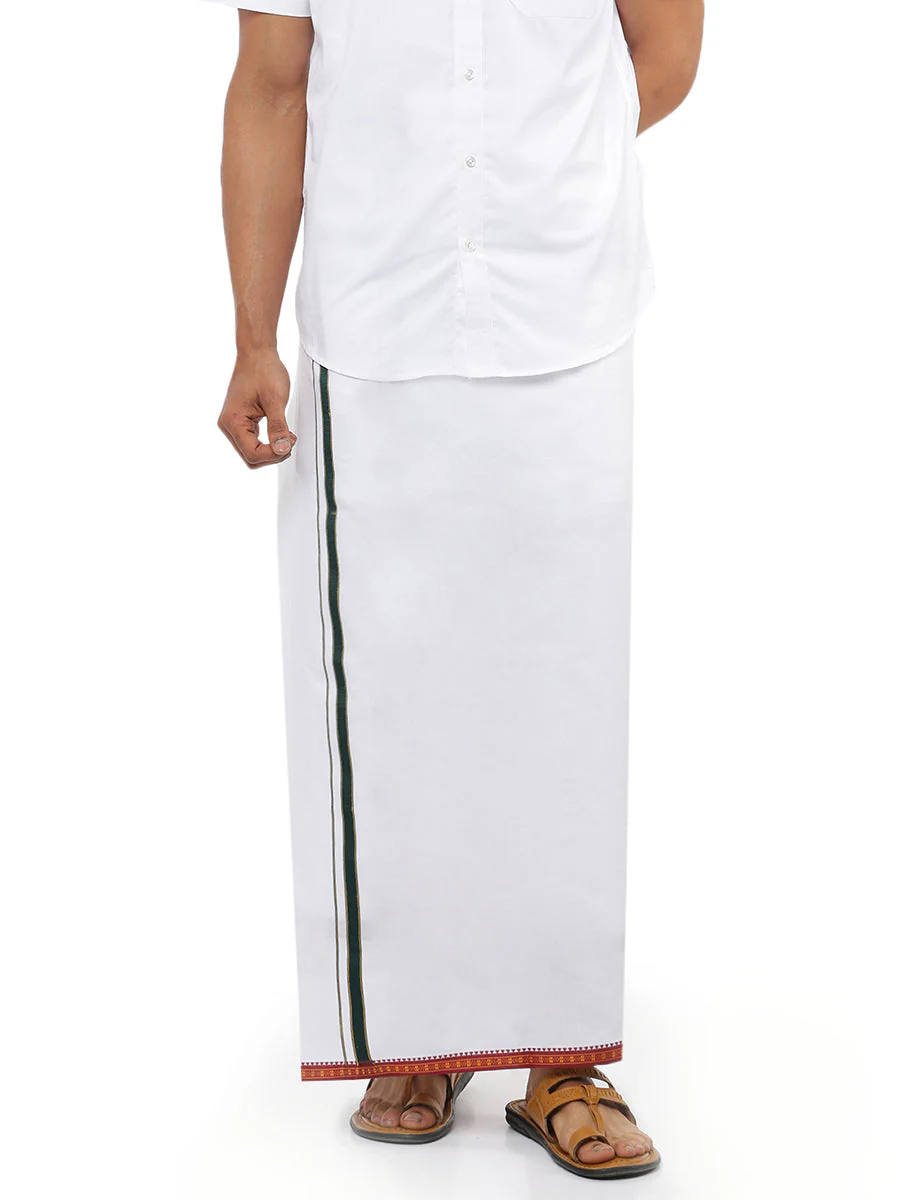 Men 100% Cotton Single Layer White Dhoti with Mayilkhan Border Mercury