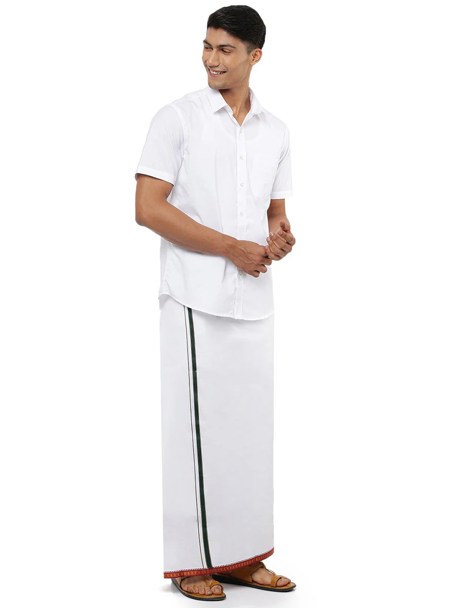 Men 100% Cotton Single Layer White Dhoti with Mayilkhan Border Mercury - Image 2