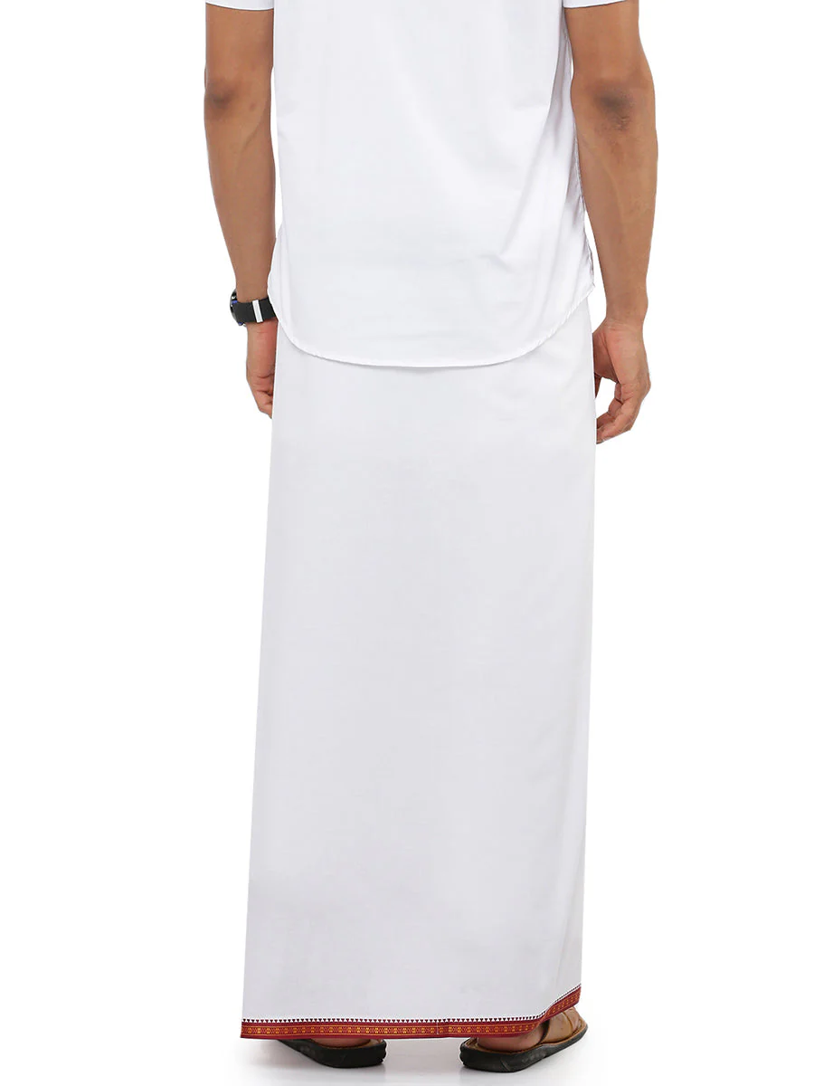 Men 100% Cotton Single Layer White Dhoti with Mayilkhan Border Mercury - Image 3