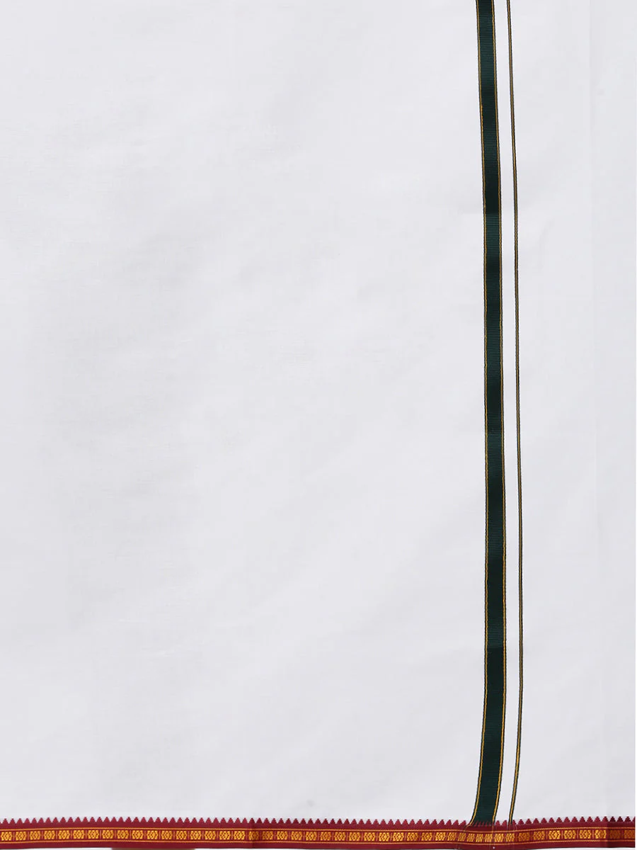 Men 100% Cotton Single Layer White Dhoti with Mayilkhan Border Mercury - Image 4