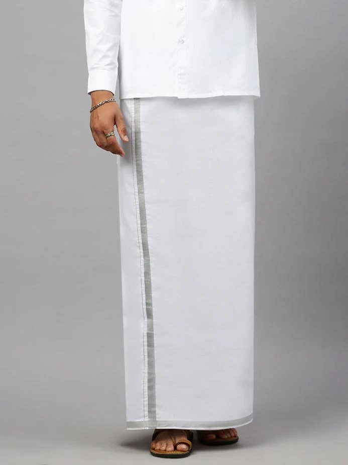 Men 100% Cotton Single Layer White Dhoti with Silver Jari Border Shringar