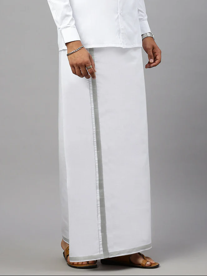 Men 100% Cotton Single Layer White Dhoti with Silver Jari Border Shringar - Image 2