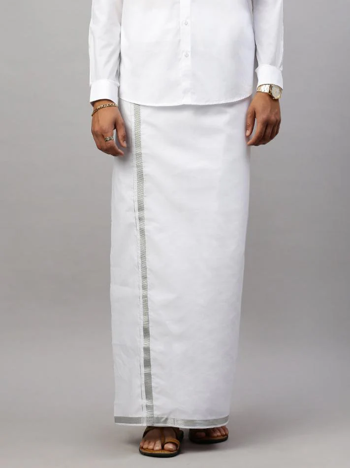 Men 100% Cotton Single Layer White Dhoti with Silver Jari Border Shringar - Image 3