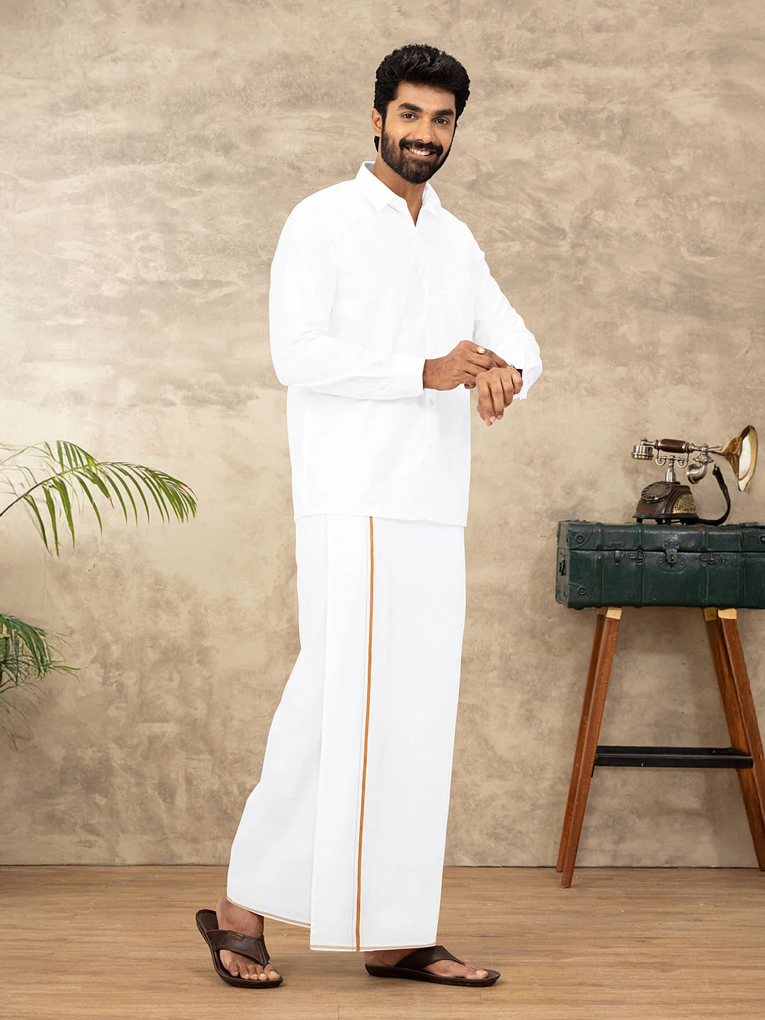Men 100% Cotton Single Layer White Dhoti with Small Border GC01 - Image 2