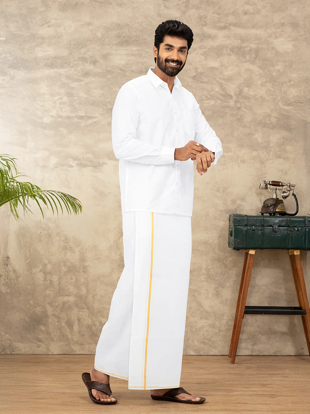 Men 100% Cotton Single Layer White Dhoti with Small Border GC02 - Image 2
