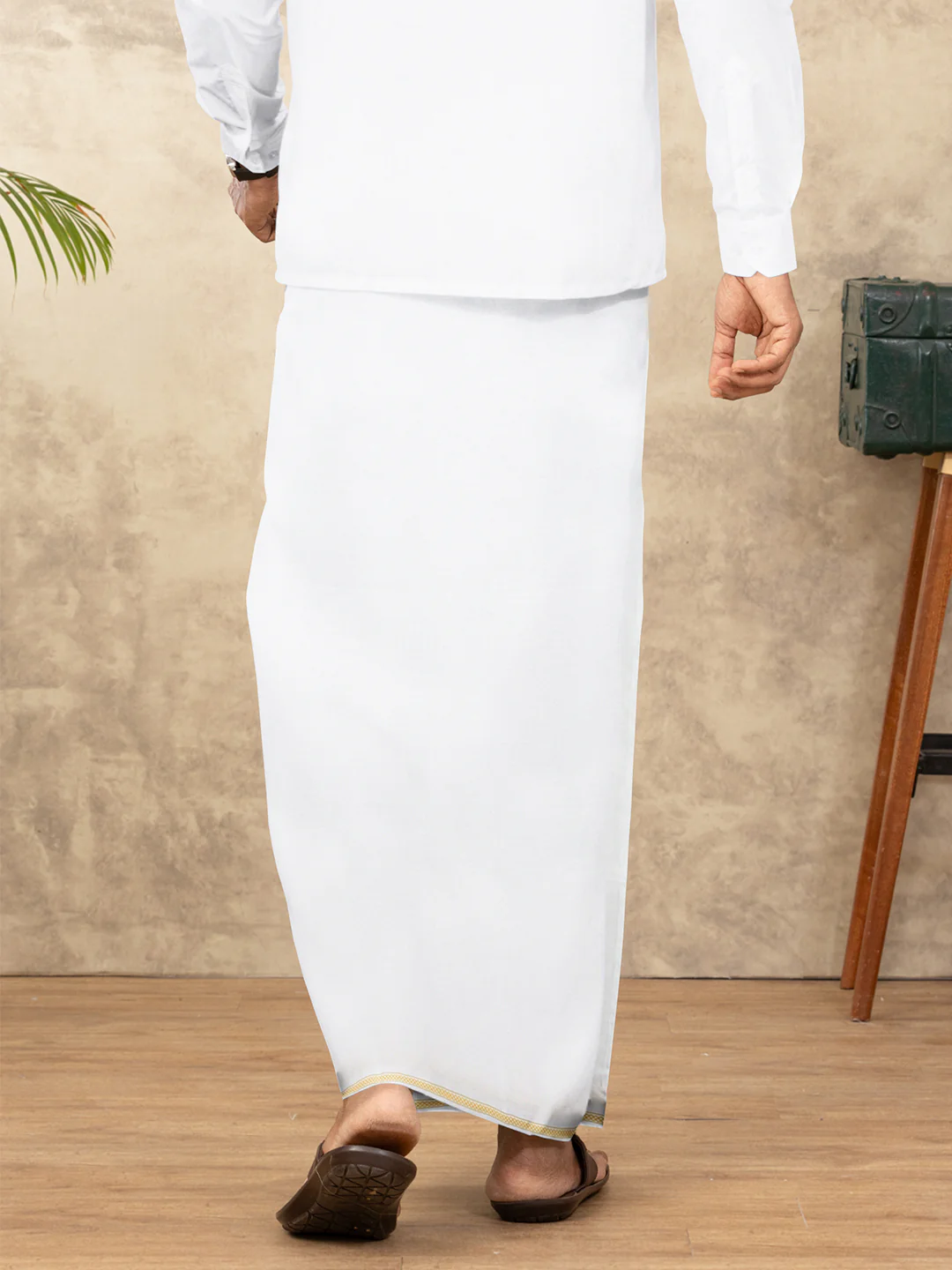 Men 100% Cotton Single Layer White Dhoti with Small Border GC02 - Image 3