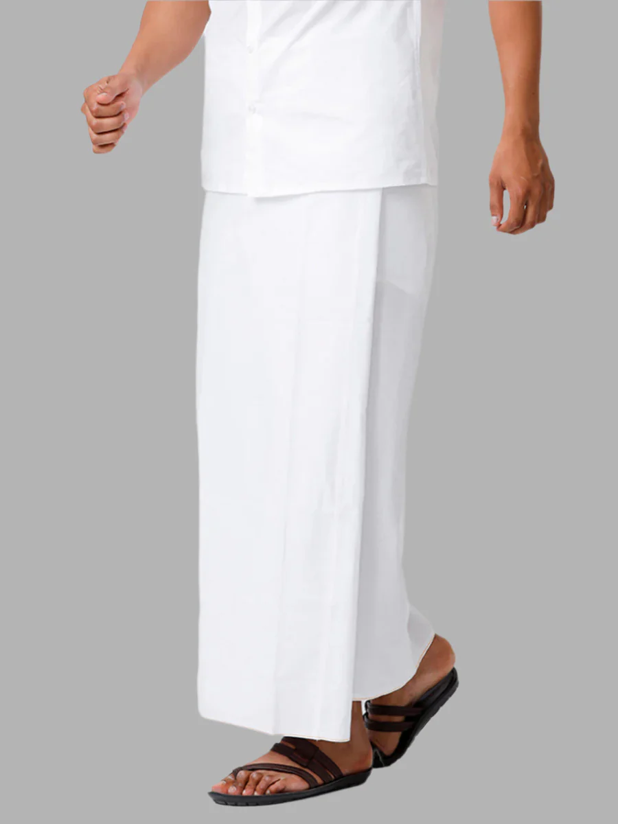 Men 100% Cotton Single Layer White Dhoti with Small Border Smart Nice Paramas - Image 2