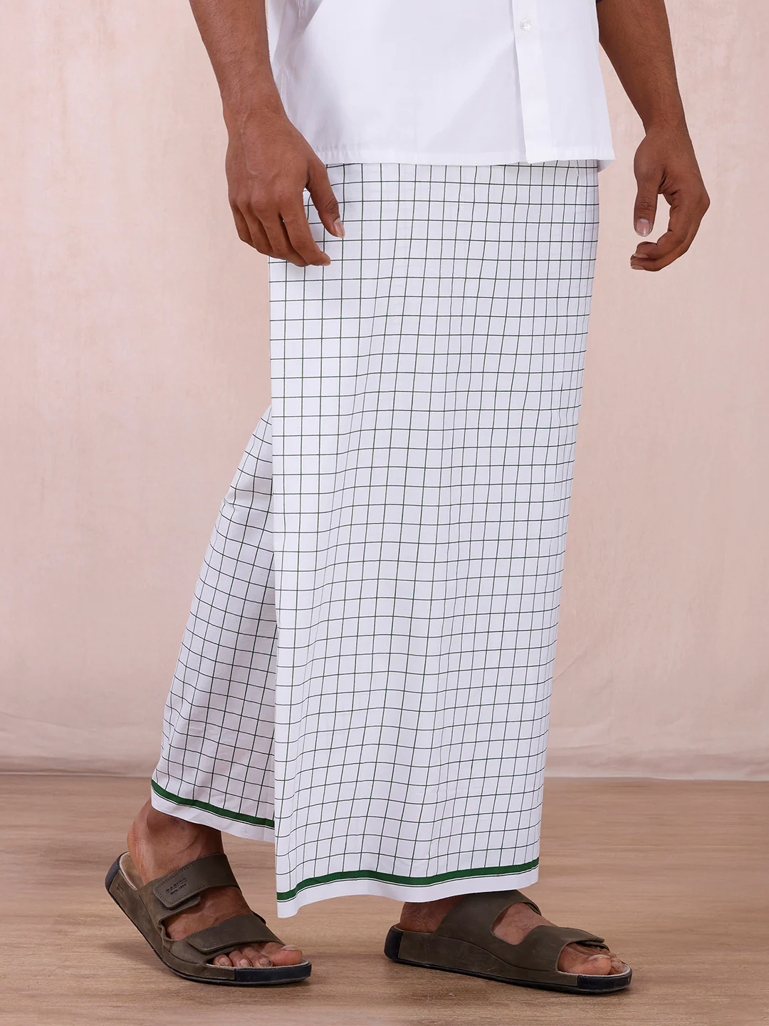 Men 100% Cotton Single Layer White Stitched Lungi with Assorted Colour Checked Shalimar 2M