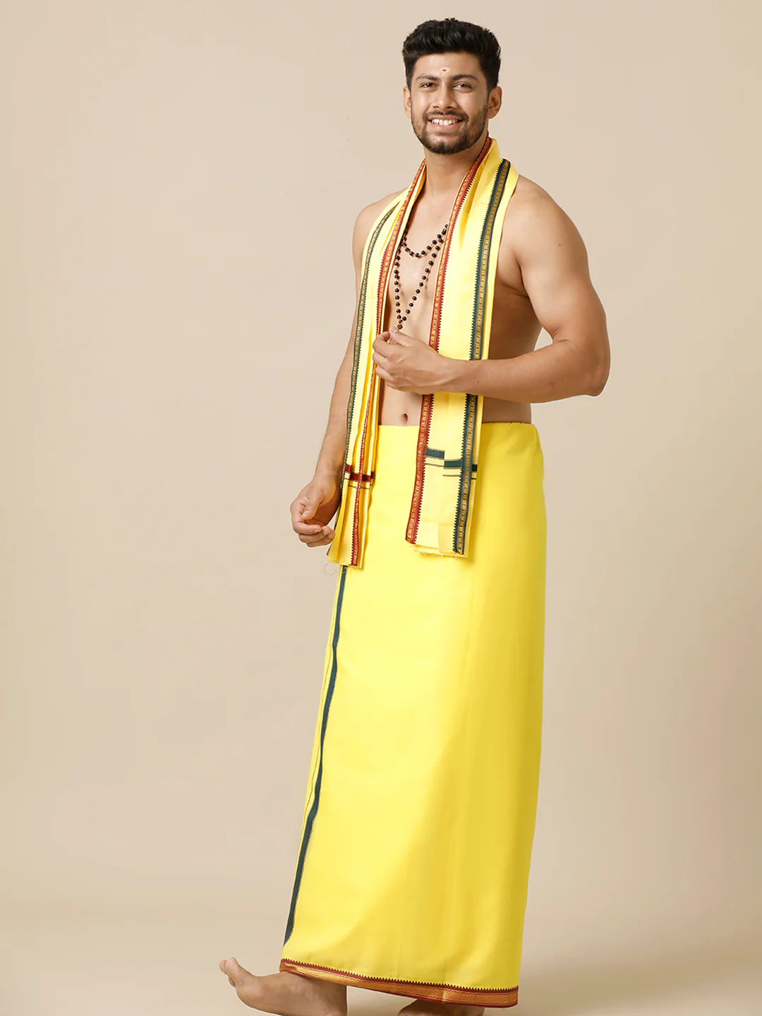 Men 100% Cotton Single Layer Yellow Dhoti with Mayilkhan Border Brindhavan - Image 2