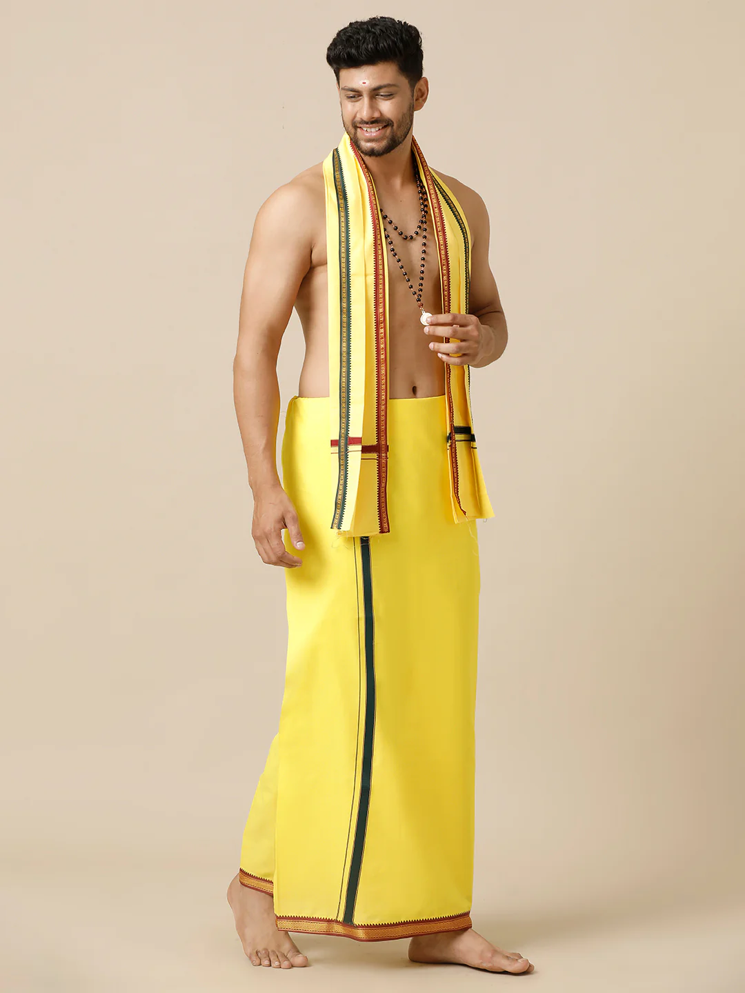 Men 100% Cotton Single Layer Yellow Dhoti with Mayilkhan Border Brindhavan - Image 3
