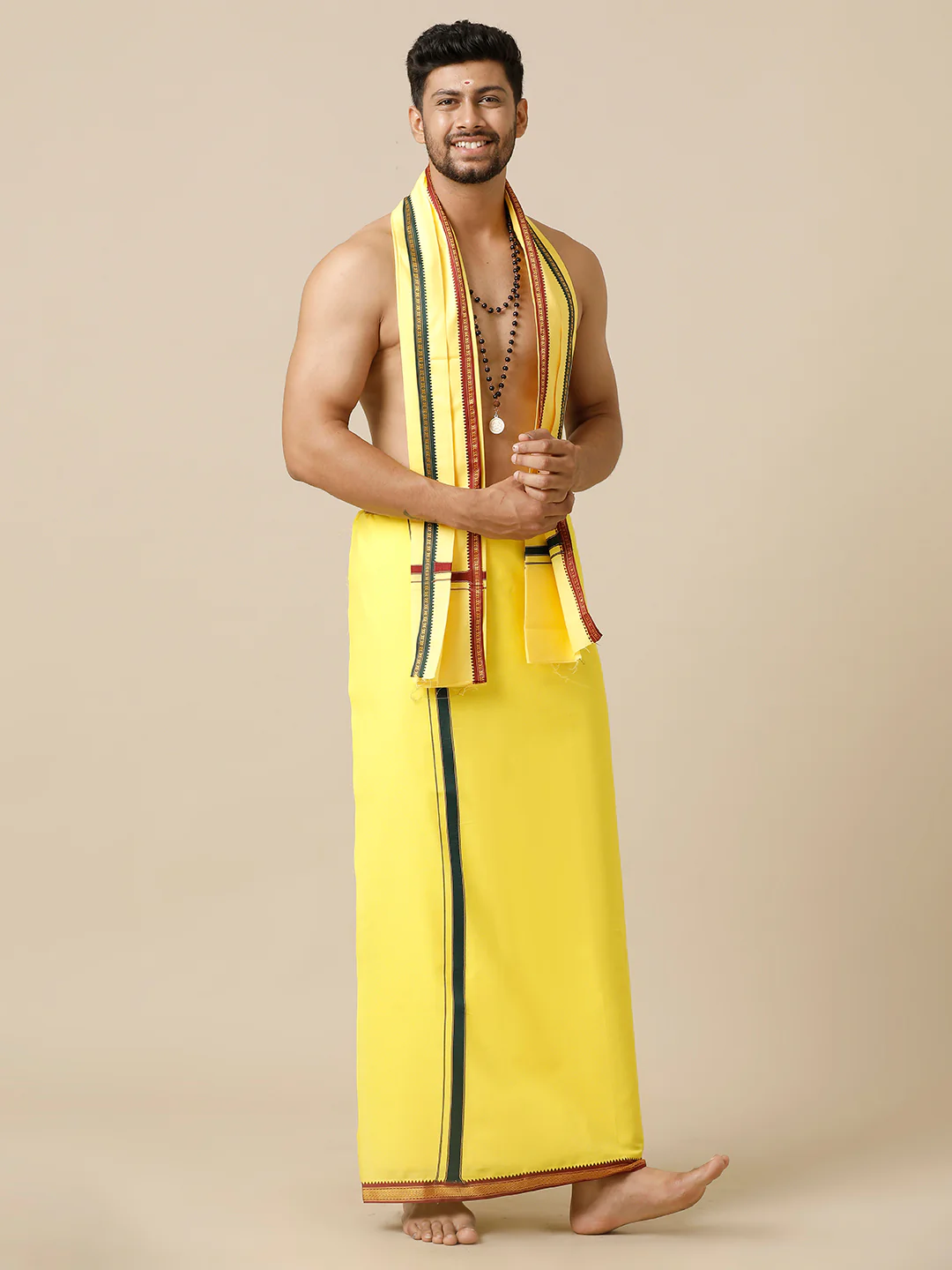Men 100% Cotton Single Layer Yellow Dhoti with Mayilkhan Border Brindhavan - Image 4
