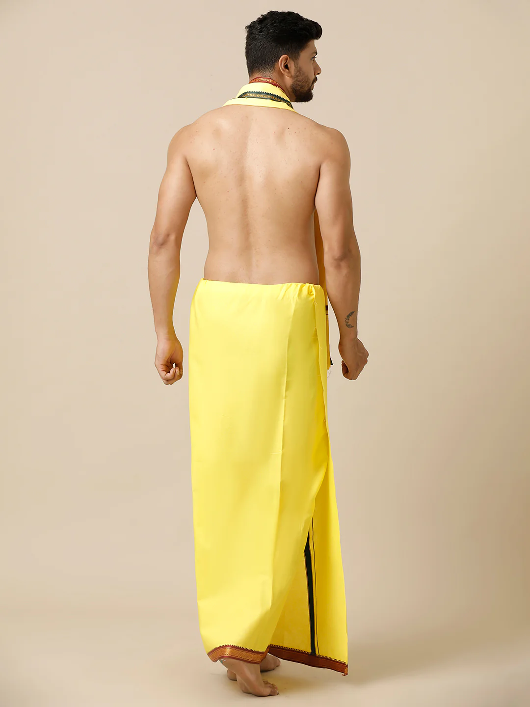 Men 100% Cotton Single Layer Yellow Dhoti with Mayilkhan Border Brindhavan - Image 6