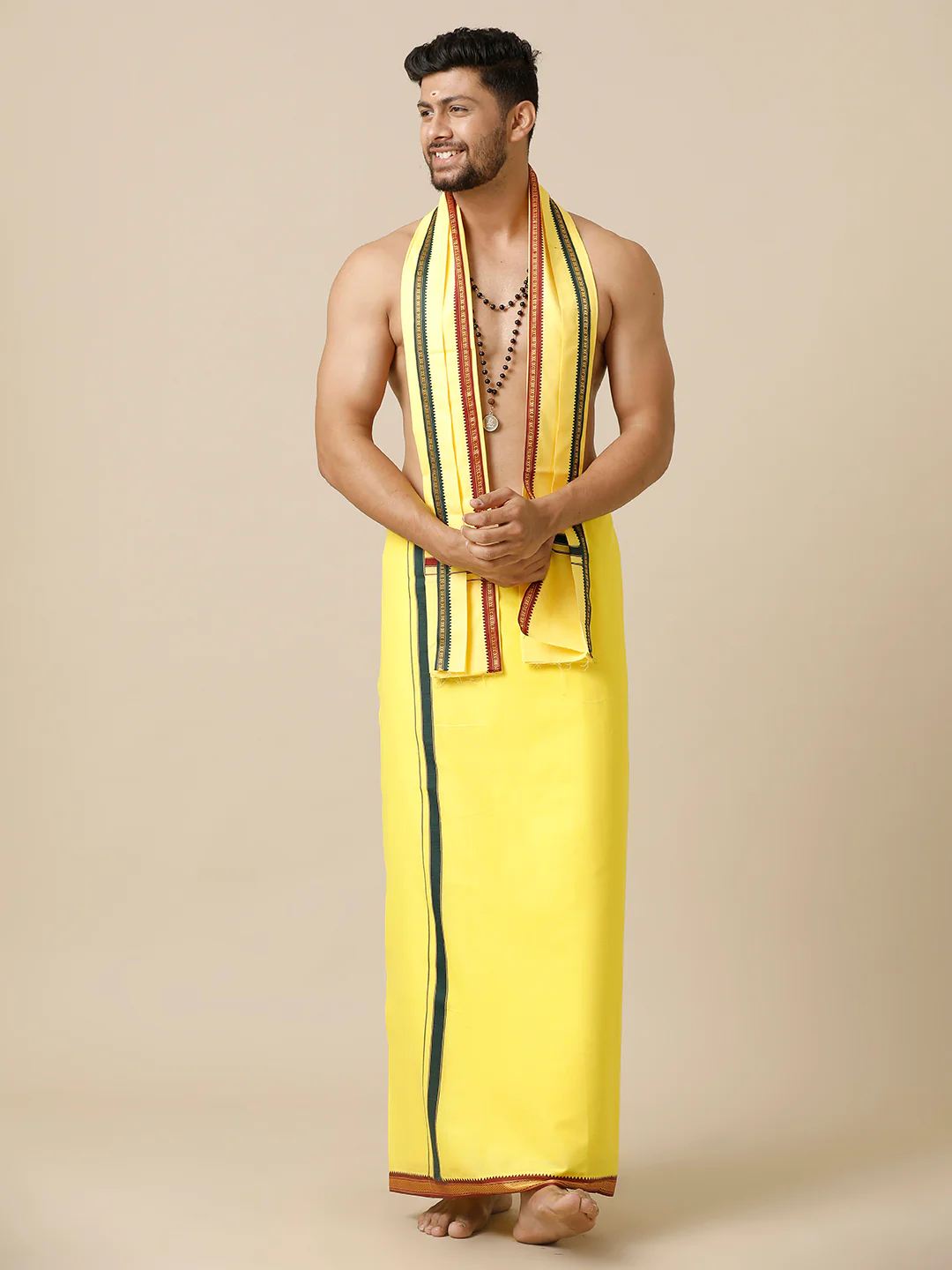 Men 100% Cotton Single Layer Yellow Dhoti with Mayilkhan Border Brindhavan - Image 7