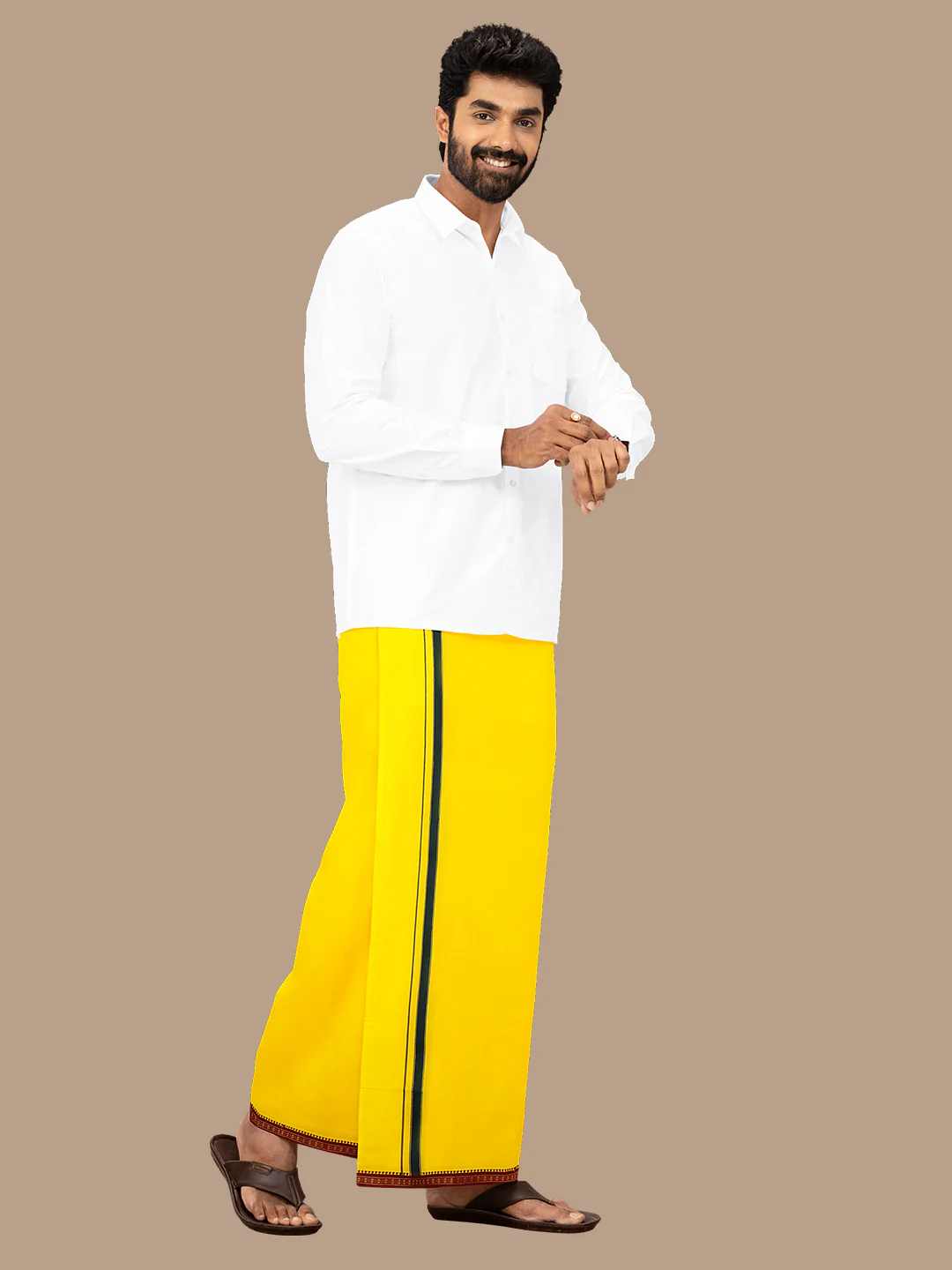 Men 100% Cotton Single Layer Yellow Dhoti with Mayilkhan Border Slokam (4 Way Dhoti ) - Image 2