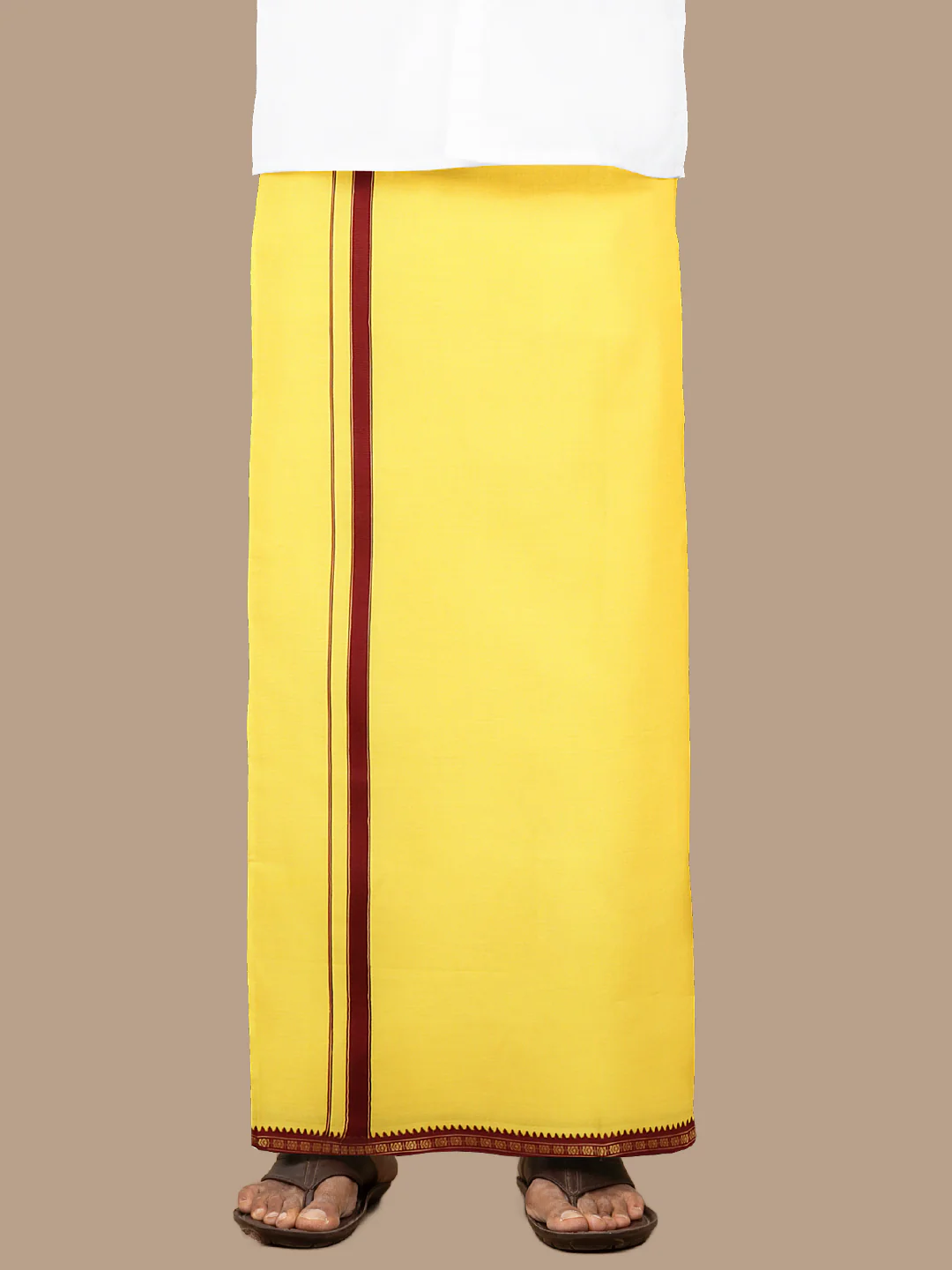 Men 100% Cotton Single Layer Yellow Dhoti with Mayilkhan Border Slokam (4 Way Dhoti ) - Image 3