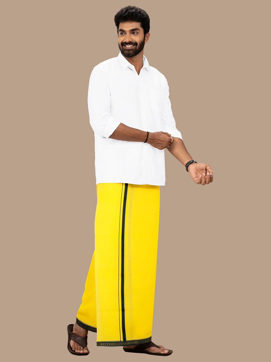 Men 100% Cotton Single Layer Yellow Dhoti with Mayilkhan Border Slokam (4 Way Dhoti ) - Image 4