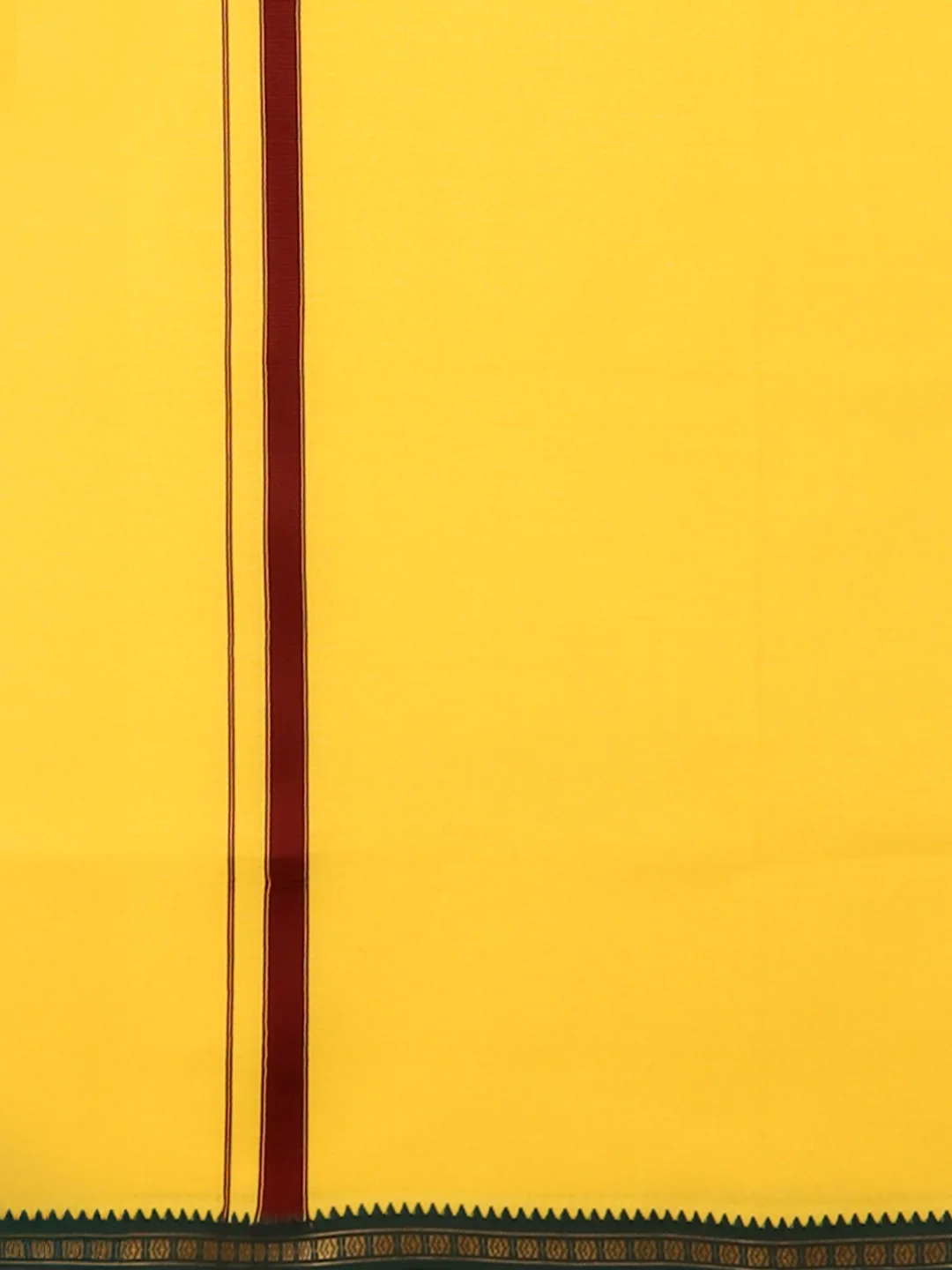 Men 100% Cotton Single Layer Yellow Dhoti with Mayilkhan Border Slokam (4 Way Dhoti ) - Image 7