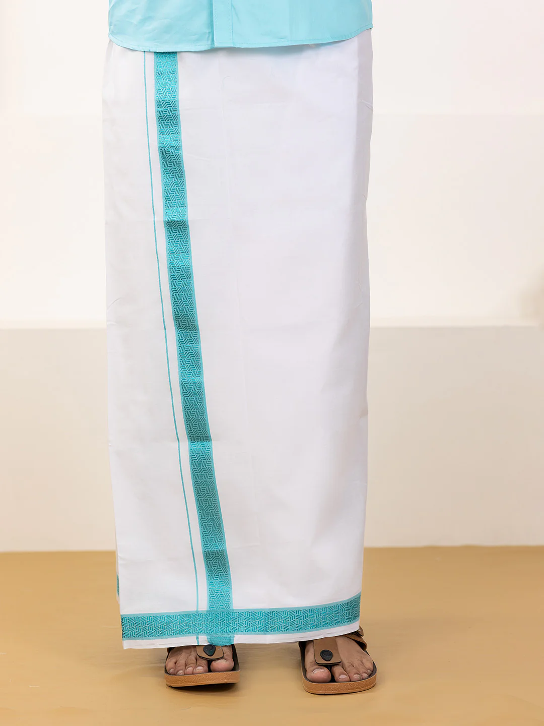 Men 100% Cotton Sky Blue Shirt and Fancy Border Dhoti Set BT5 - Image 10