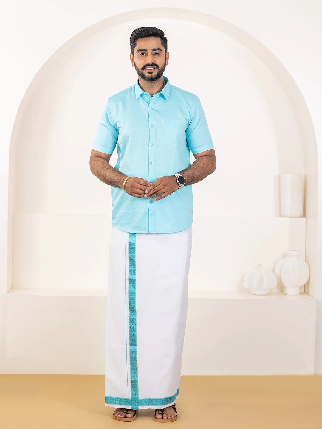 Men 100% Cotton Sky Blue Shirt and Fancy Border Dhoti Set BT5 - Image 2