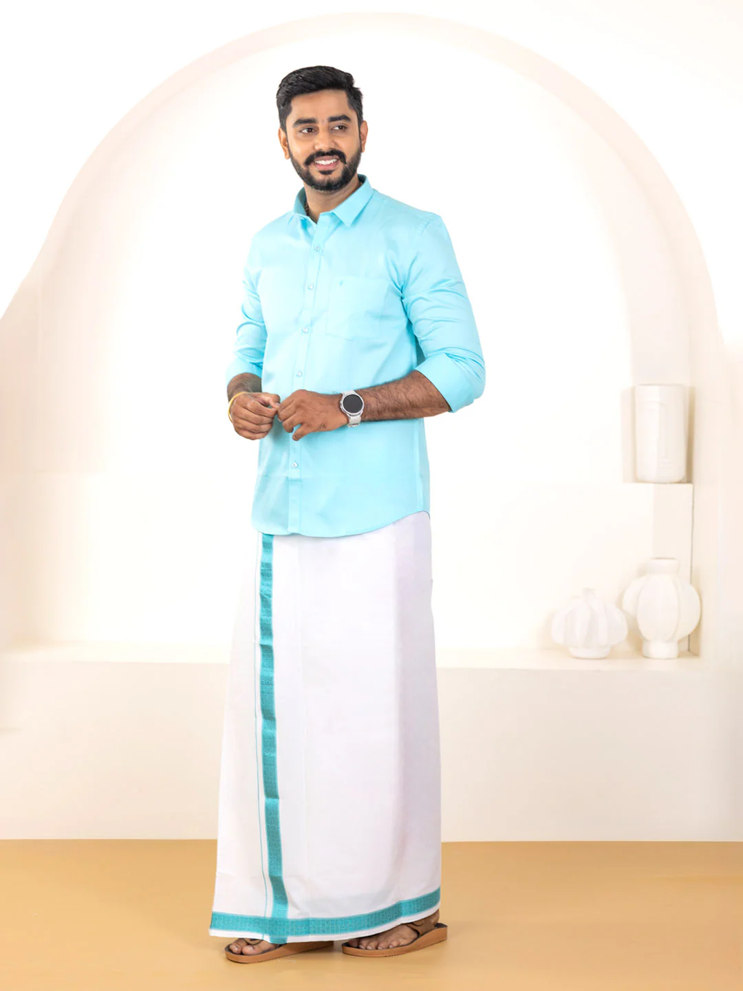 Men 100% Cotton Sky Blue Shirt and Fancy Border Dhoti Set BT5 - Image 3