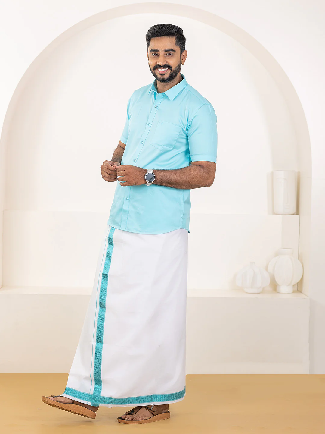 Men 100% Cotton Sky Blue Shirt and Fancy Border Dhoti Set BT5 - Image 4