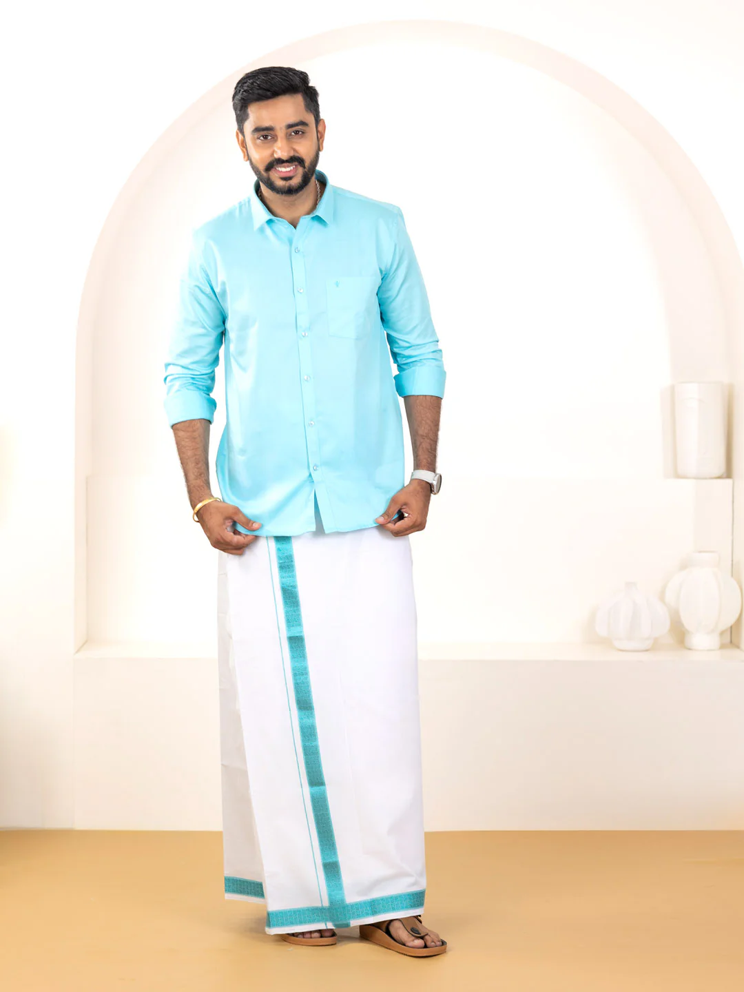 Men 100% Cotton Sky Blue Shirt and Fancy Border Dhoti Set BT5 - Image 5