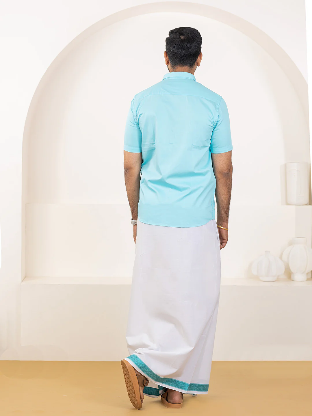 Men 100% Cotton Sky Blue Shirt and Fancy Border Dhoti Set BT5 - Image 6