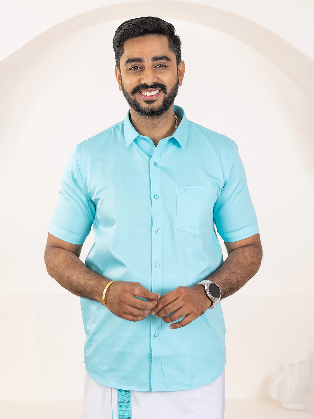 Men 100% Cotton Sky Blue Shirt and Fancy Border Dhoti Set BT5 - Image 7