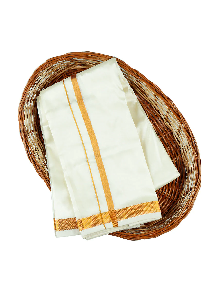 Men 3/4'' inch Gold Jari Border Double Layer Cream Dhoti Iswaryam - Image 3